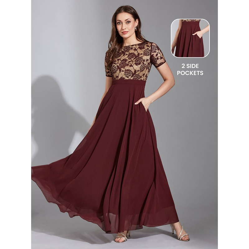 Wine Short Sleeves Lace Fit and Flare Maxi Dress for Women XXS Wine