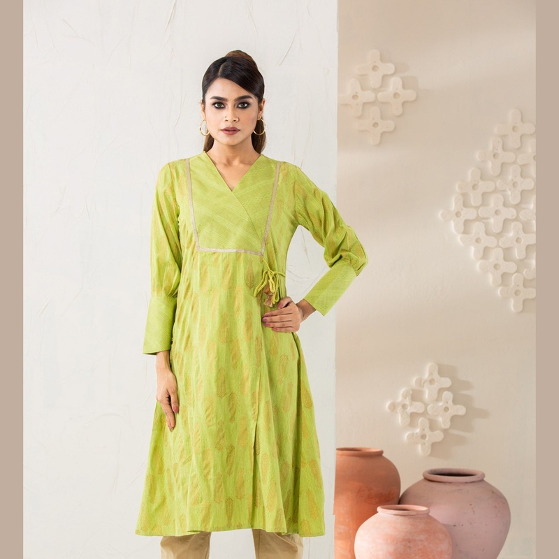 Women Neon Green Cotton Kurti 2XL NEON GREEN