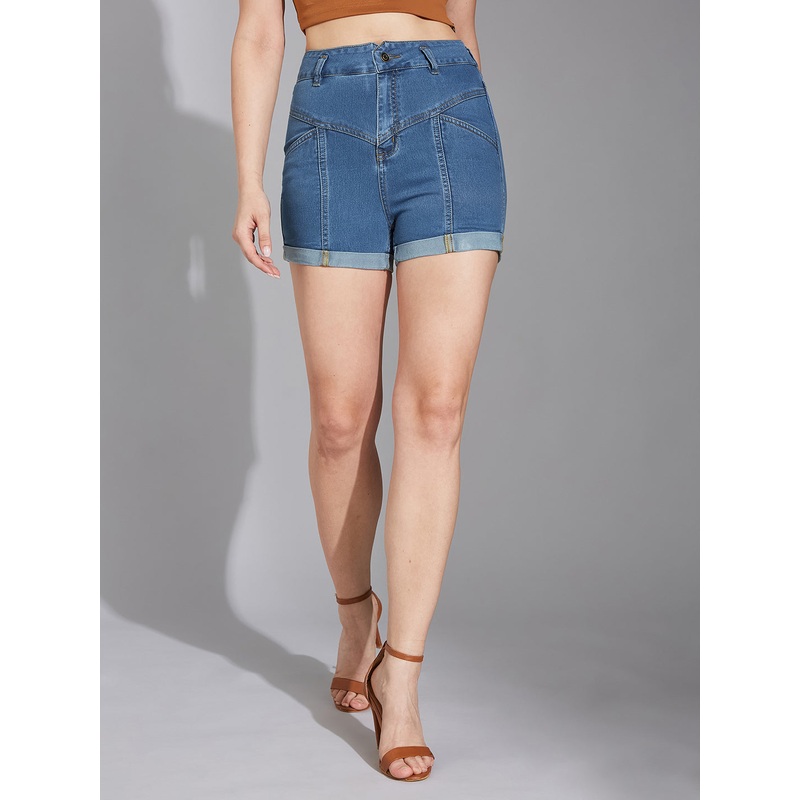 Women’s Blue Relaxed-Fit High-Rise Clean-Look Stretchable Blue Denim Shorts 26 Blue