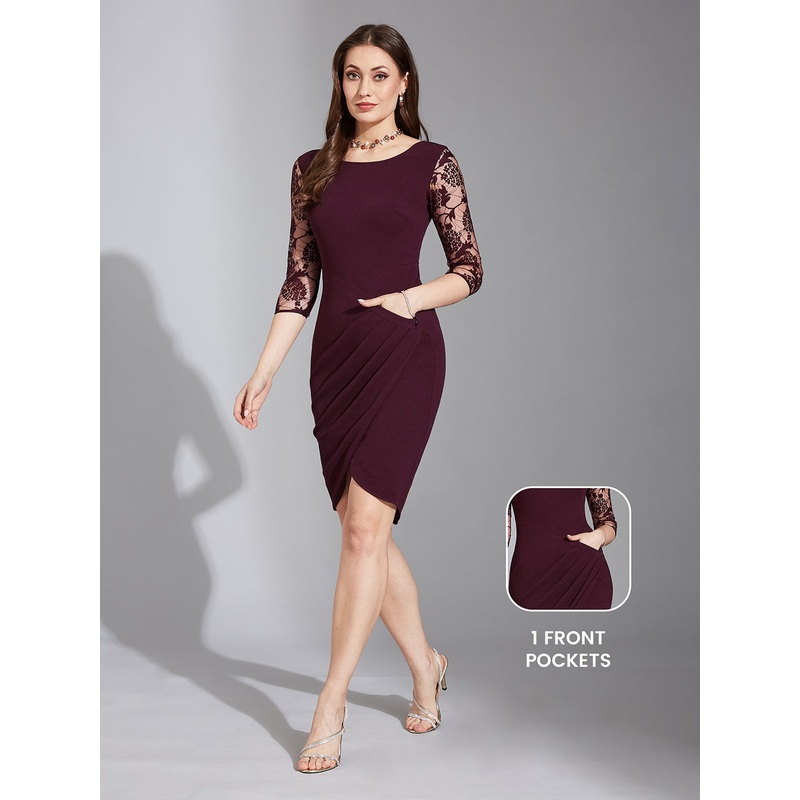 Women’s Dark Purple Self Design Round Neck 3/4th Sleeves Front Pocketed Polyester Bodycon Knee-Length Dress XS Purple