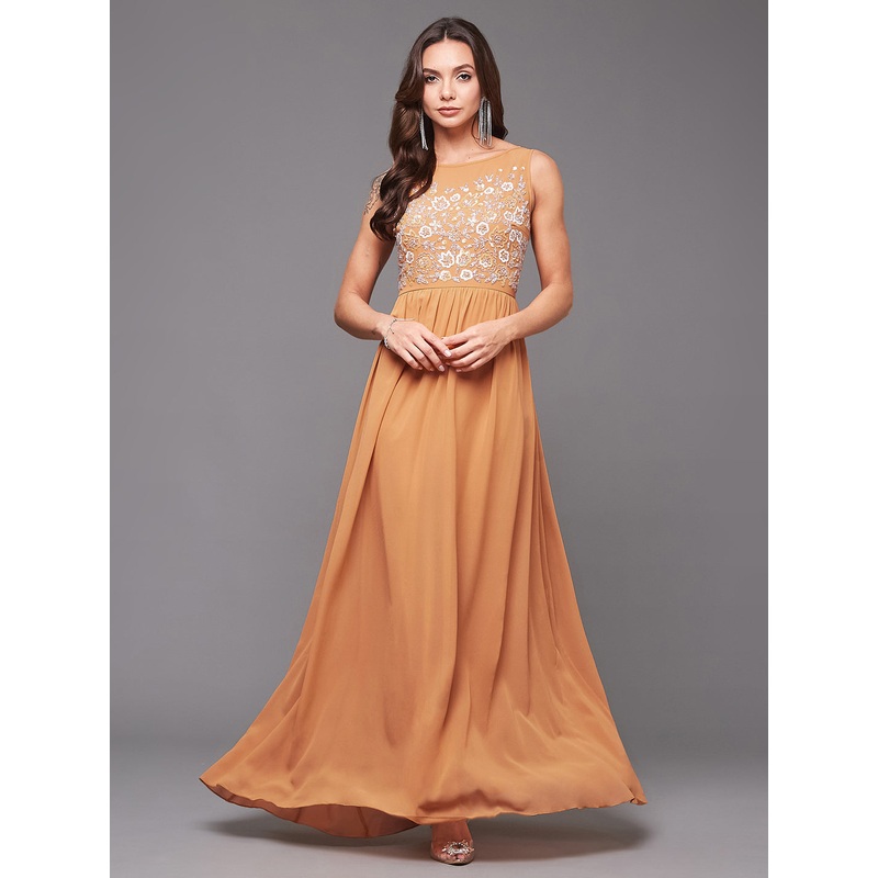 Women’s Dusty Orange Boat Neck Sleeveless Embroidered Georgette Gathered Maxi Dress XS Orange