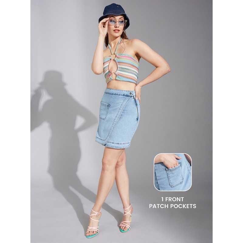 Women’s Light Blue Regular High-Rise Clean-Look Above Knee Stretchable Denim Skirt 26 Blue