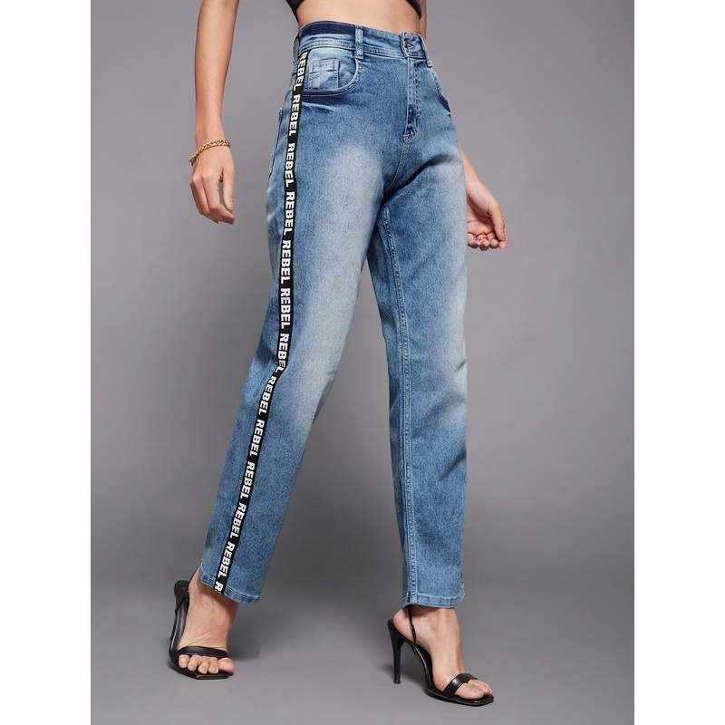 Women’s Light Blue Slim High-Rise Blast Effect Twill Tape Detailing Stretchable Denim Jeans 26 Blue