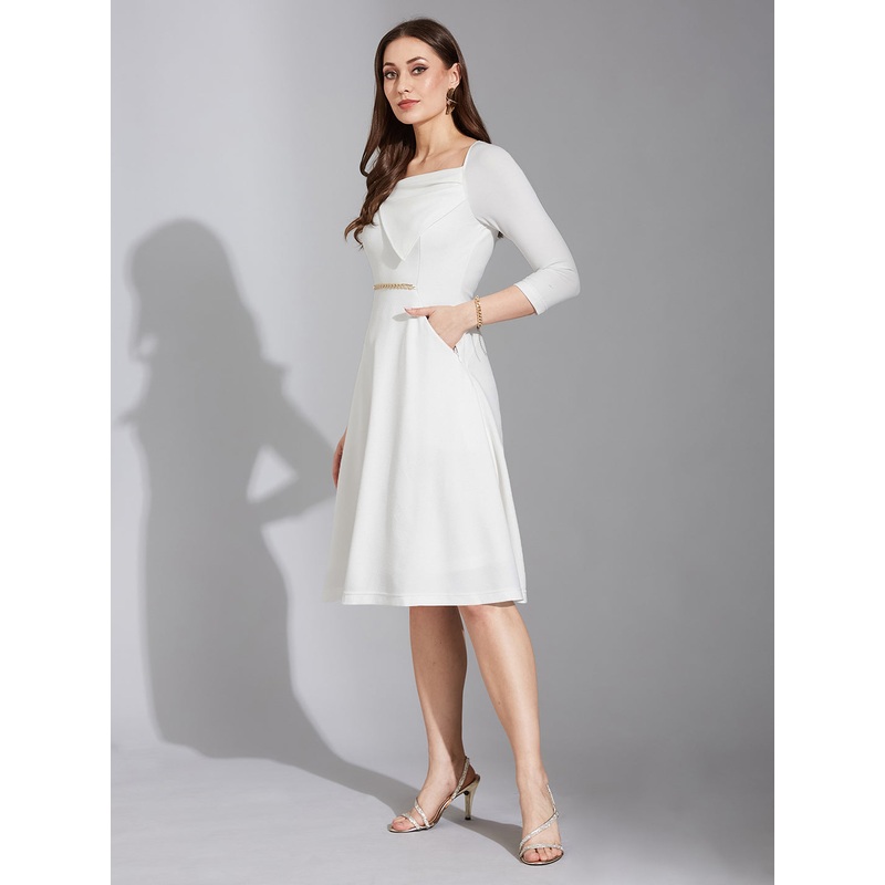 Women’s Off White Solid Square Neck Raglan Sleeves Side Pocketed Fit and Flare Knee-Length Dress XS Off White