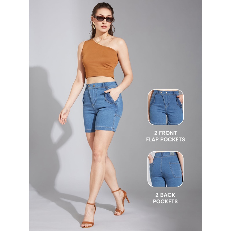 Women’s Relaxed-Fit Mid-Rise Clean-Look Stretchable Blue Denim Bermuda Shorts 26 Blue