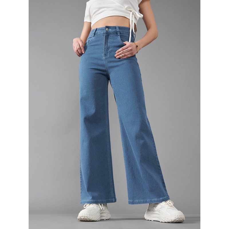 24/7 Comfort Blue Wide-Leg High-Rise Midly-Distressed Stretchable Denim Jeans 26 Blue
