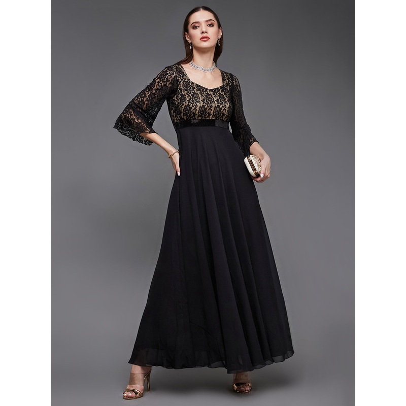 Black Bell Sleeves Lace Fit and Flare Maxi Dress for Women XS Black