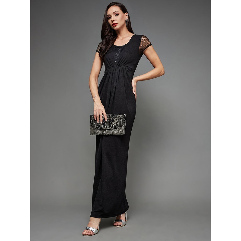 Black Cap Sleeves Sequinned Gathered Maxi Dress for Women XS Black