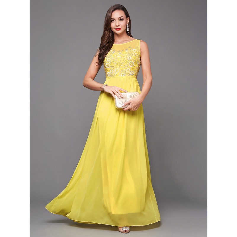Bright Yellow Sleeveless Fit and Flare Sequinned Maxi Dress for Women XS Yellow