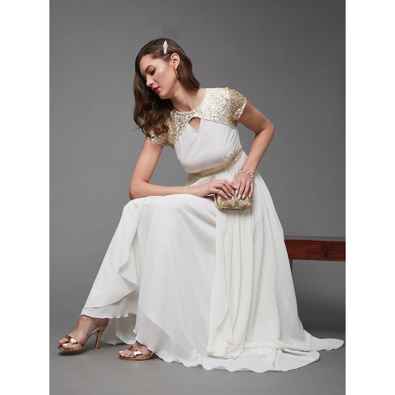 Off White Short Sleeves Sequinned Layered Gown for Women XS Off White