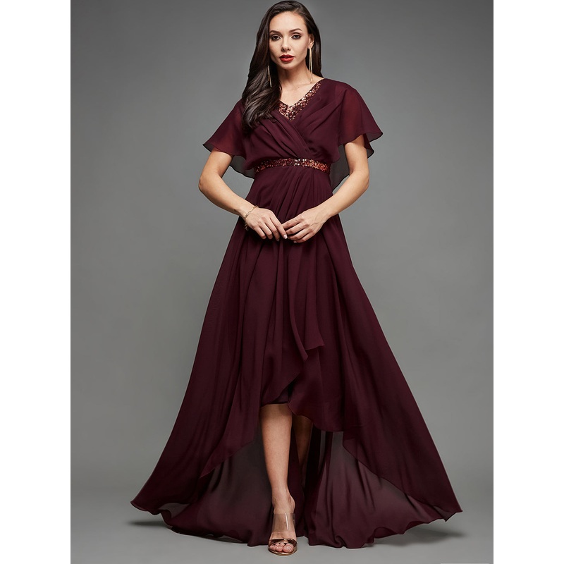 Wine Flared Sleeves Sequinned High Low Gown for Women XS Wine