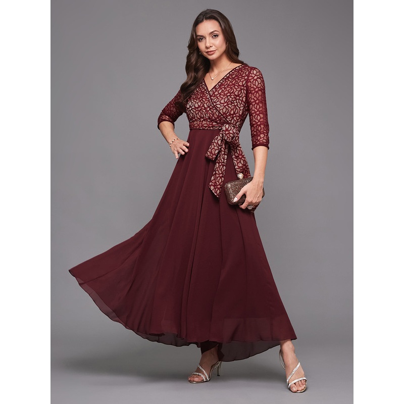Wine Long Sleeves Fit and Flare Wrap Maxi Dress with Lace Belt for Women XS Wine