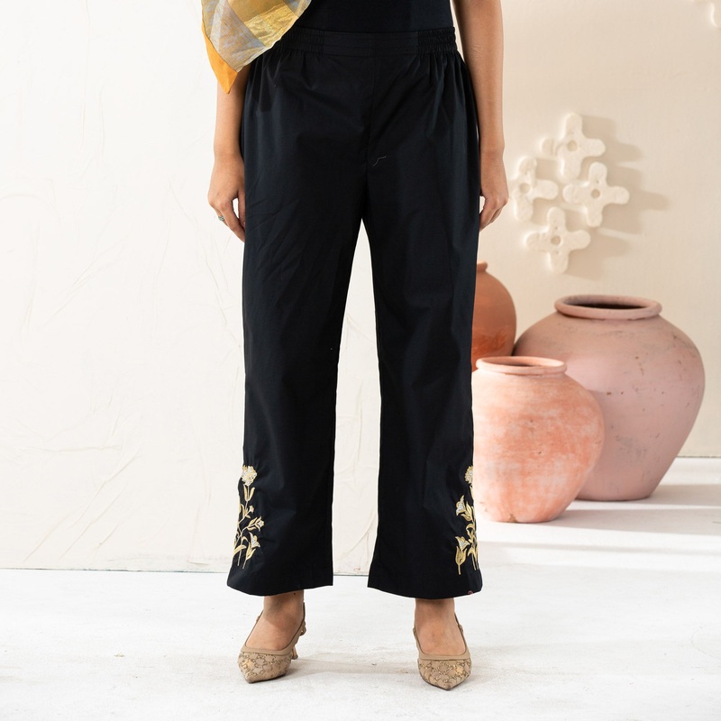 Women Black Embroidered Bottoms 2XL BLACK