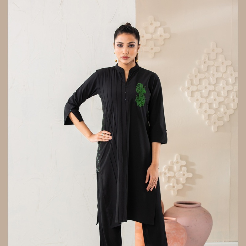 Women Black Printed Silk Kurti 2XL BLACK