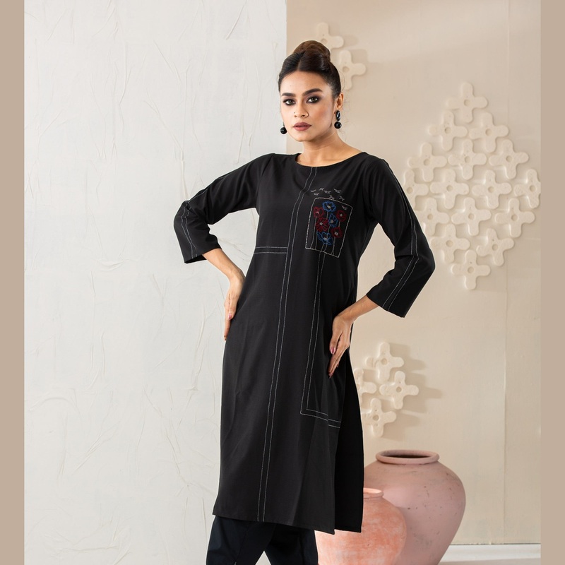 Women Black Silk Fusion Kurti 2XL BLACK