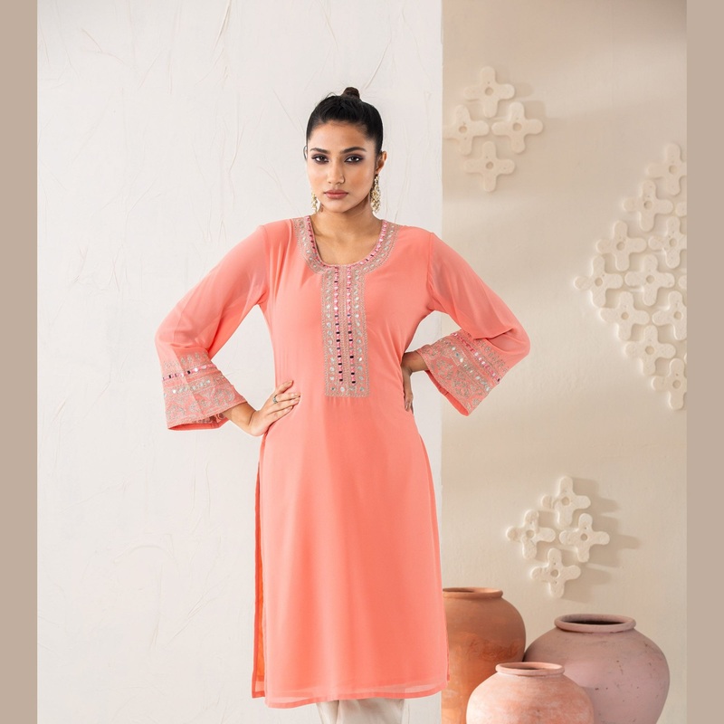 Women Peach Embroidered Kurti XL PEACH