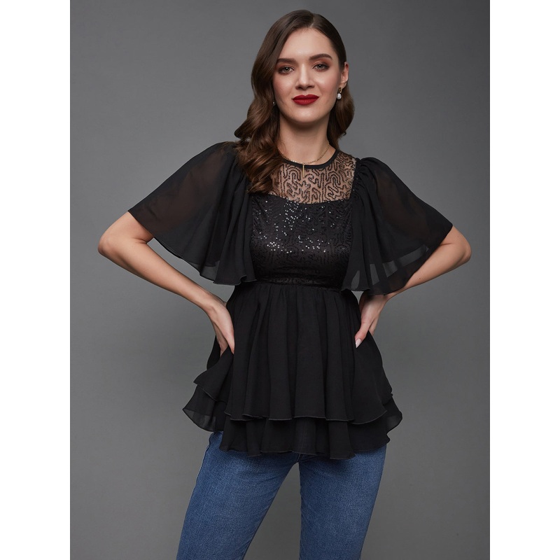 Women’s Black Embellished Round Neck Flared Sleeves Georgette Layered Regular Length Top XS Black