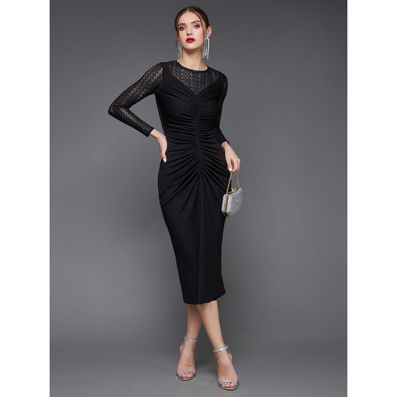 Women’s Black Round Neck Full Sleeve Self-Designed Bodycon Midi Dress XS Black