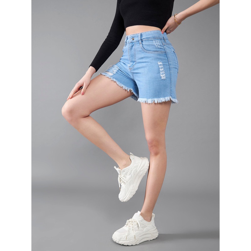 Women’s Blue Relaxed Fit Mid Rise Highly Distressed Denim Shorts 26 Blue