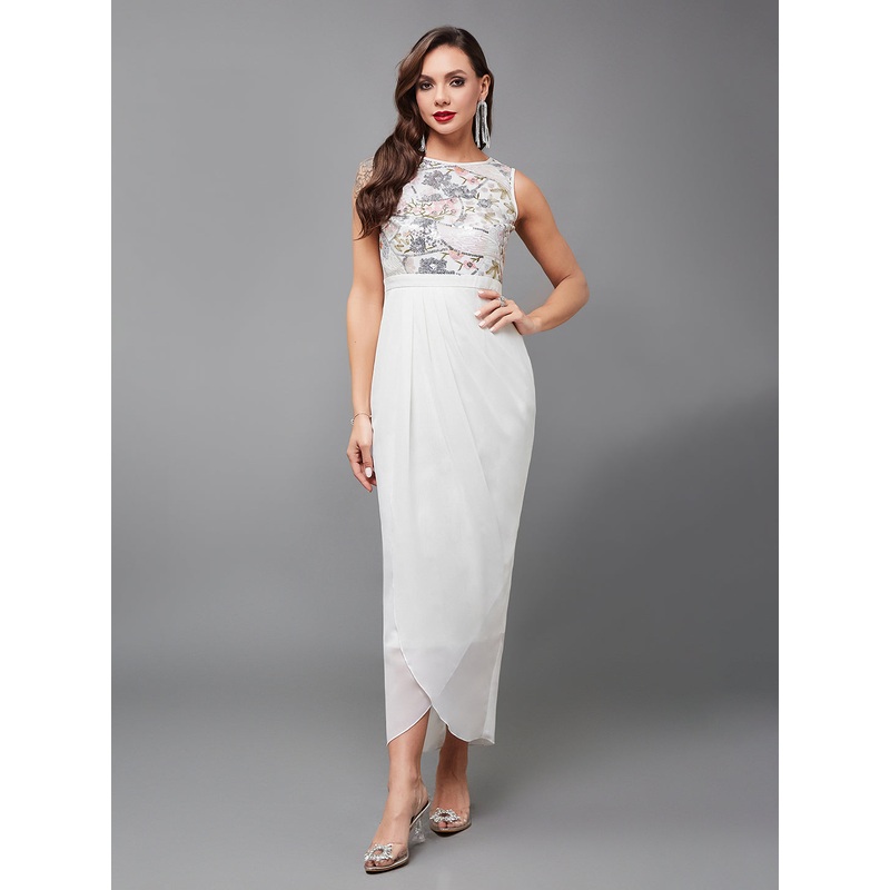 Women’s Cocktail Multicolored-Base-Off White Sleeveless Sequins Maxi Dress XS White