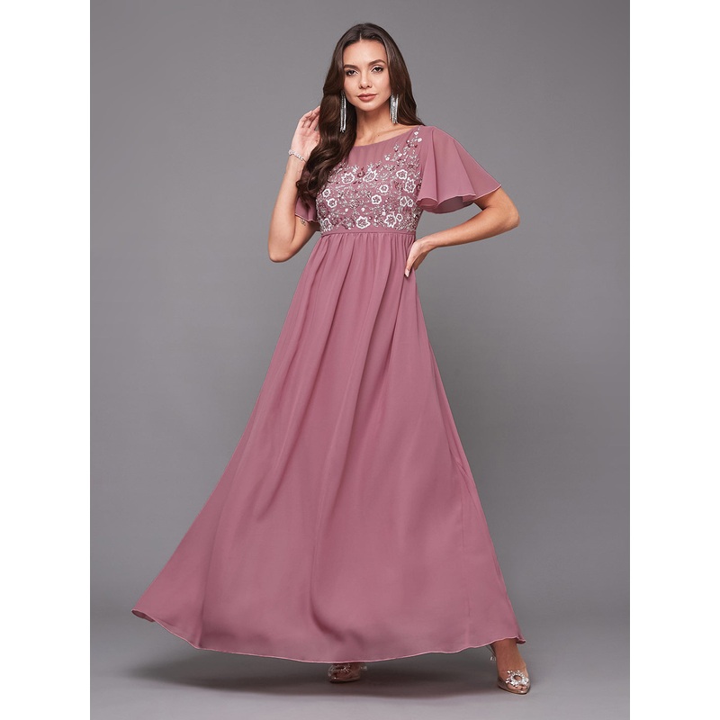 Women’s Dusty Lavender Boat Neck Half Sleeve Solid Embellished Georgette Maxi Dress XS Lavender