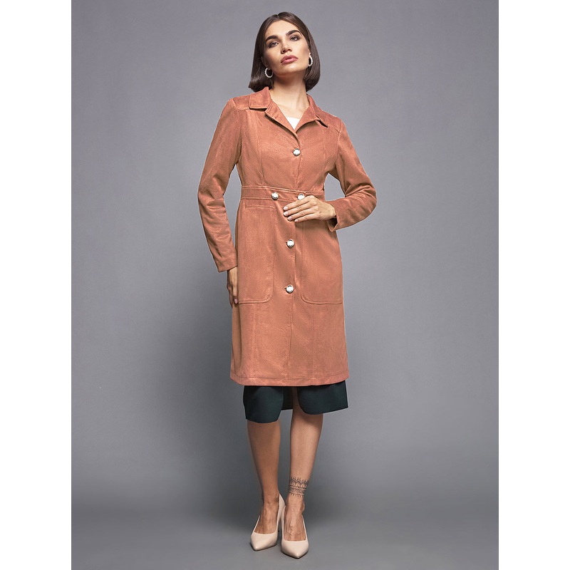 Women’s Dusty Peach Shirt-Collar Full Sleeves Solid Button-down Longline Polyester Blazer Jacket Peach XS