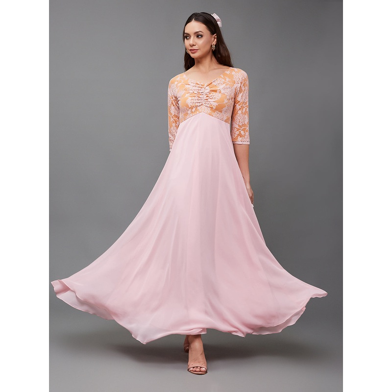 Women’s Dusty Pink V-Neck Raglan-Sleeve Self-Designed Empire-Styled Georgette Maxi Dress XS Pink