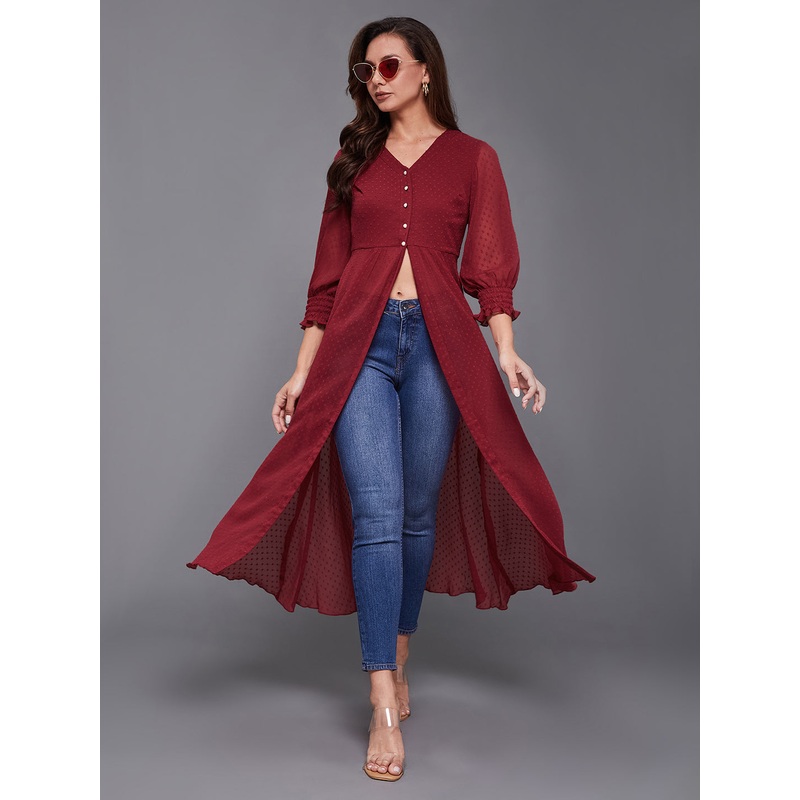 Women’s Maroon V-Neck 3/4 Sleeves solid empire Maxi Top XS Maroon