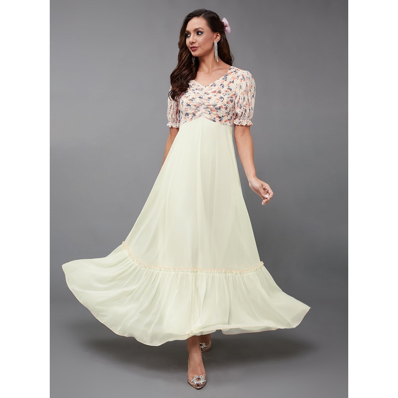 Women’s Multicolored-Base-Off White Sweetheart-Neck Puff-Sleeve Geometric Ruching Georgette Maxi Dress XS White