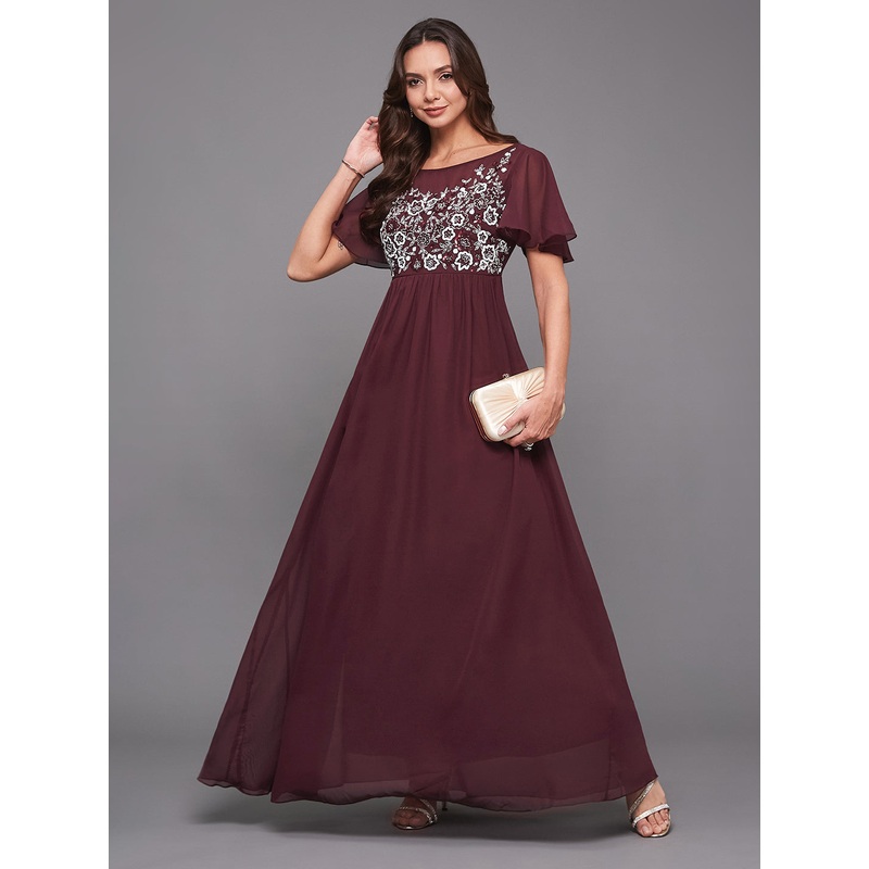 Women’s Wine Boat Neck Half Sleeve Solid Embellished Georgette Maxi Dress XS Wine