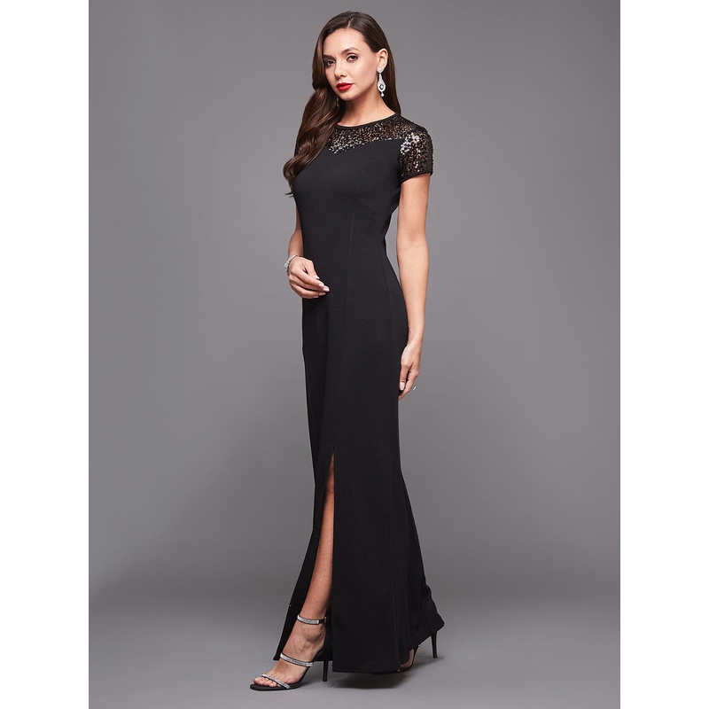 Black Cap Sleeves Sequinned Bodycon Maxi Dress for Women XS Black