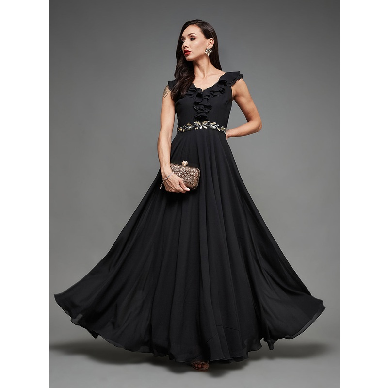 Black Sleeveless Fit and Flare Dress with Sequinned Belt for Women XS Black