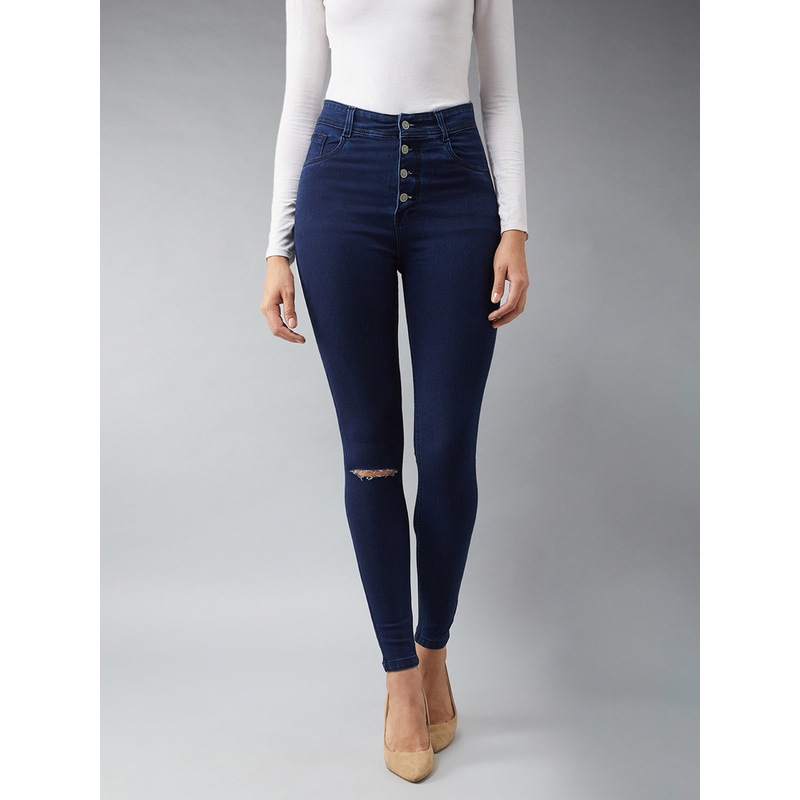 CHASEstretch Navy-Blue Skinny High-Rise Knee-Slit Denim Jeans 26 Navy Blue