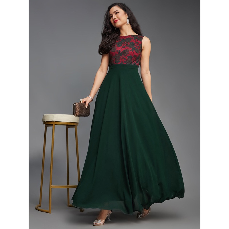 Dark Green Sleeveless Fit and Flare Lace Dress for Women XS Green