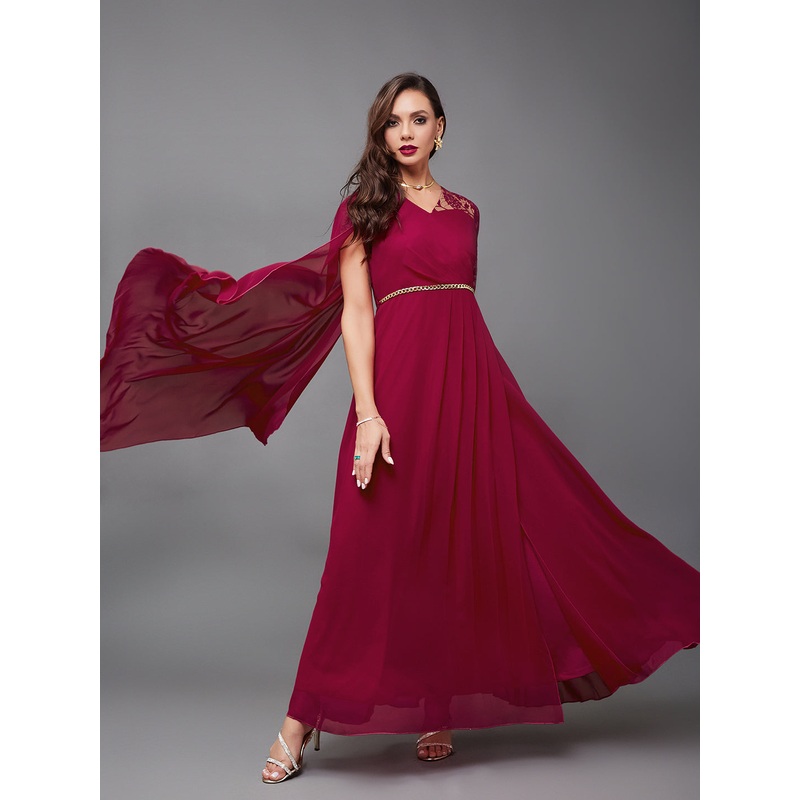 Dark Pink Assymetric Long Sleeves Lace Maxi Dress for Women XS Pink