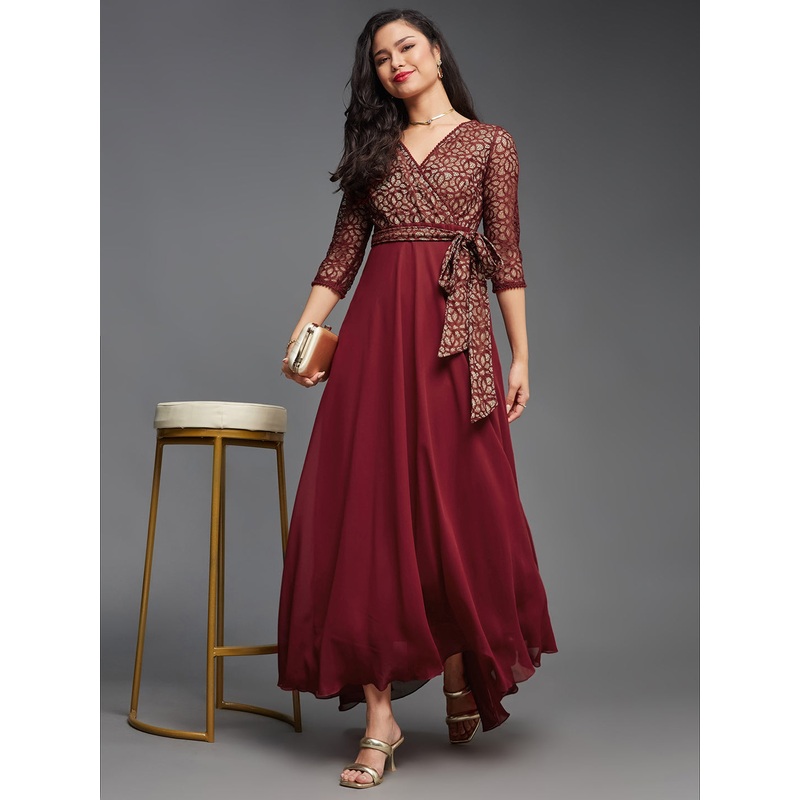Maroon Long Sleeves Fit and Flare Wrap Maxi Dress with Lace Belt for Women XS Maroon