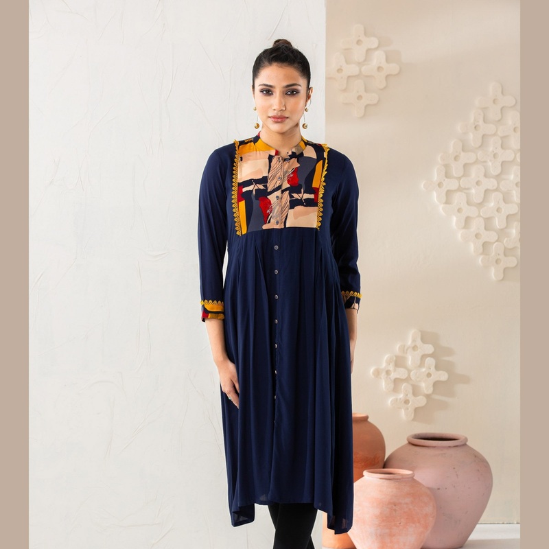 Women Navy Printed Kurti 2XL NAVY