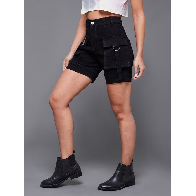 Women’s Black Flared High-Rise Stretchable Denim Shorts 26 Black