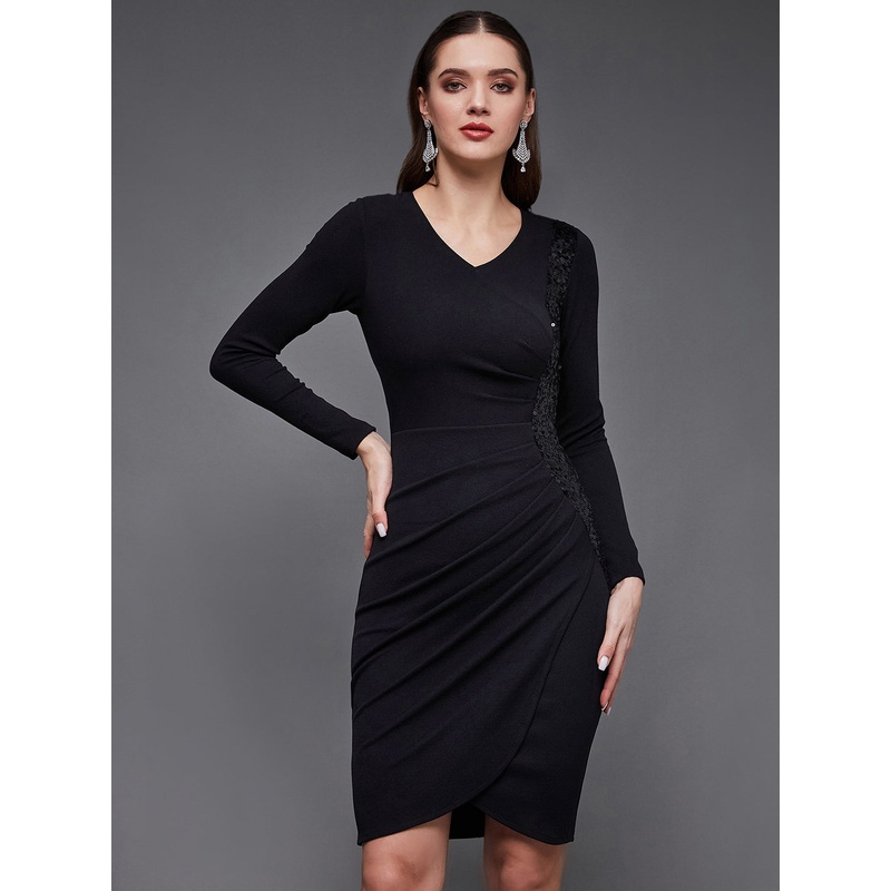 Women’s Black V-Neck Full Sleeve Embellished Wrap-Styled Party Knee-Long Dress XS Black