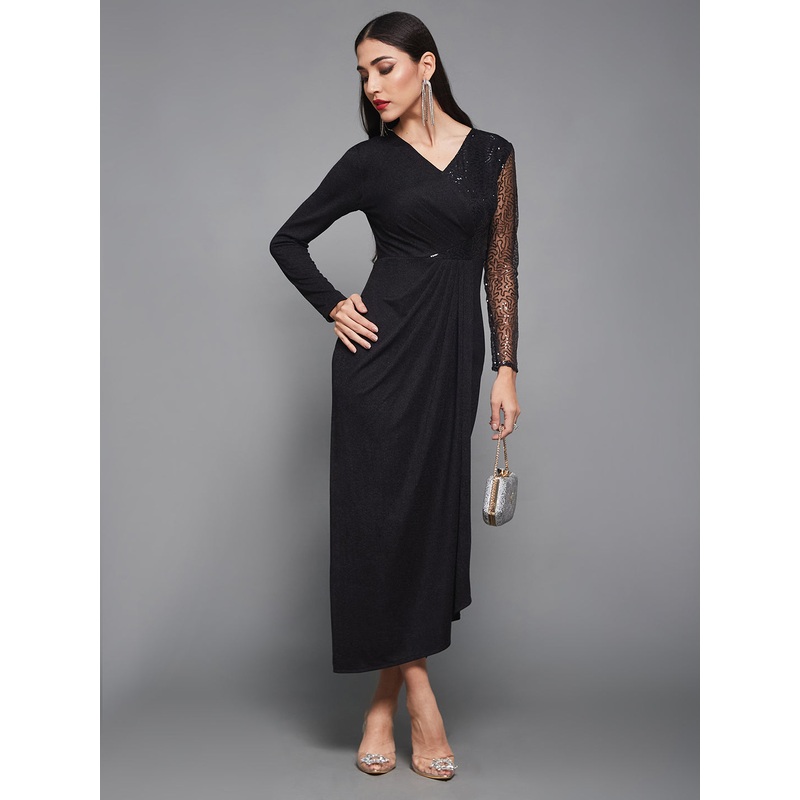 Women’s Cocktail Black Embellished Maxi Sequined Pleated Party Dress XS Black