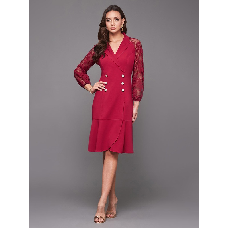 Women’s Dark Pink V-neck Full Sleeves Solid Blazer Knee Length Dress XS Pink