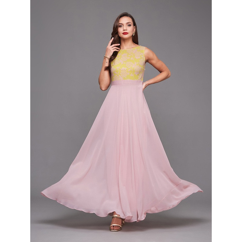 Women’s Dusty Pink Boat Neck Sleeveless Self Design Lace Overlaid Georgette Maxi Dress XS Pink