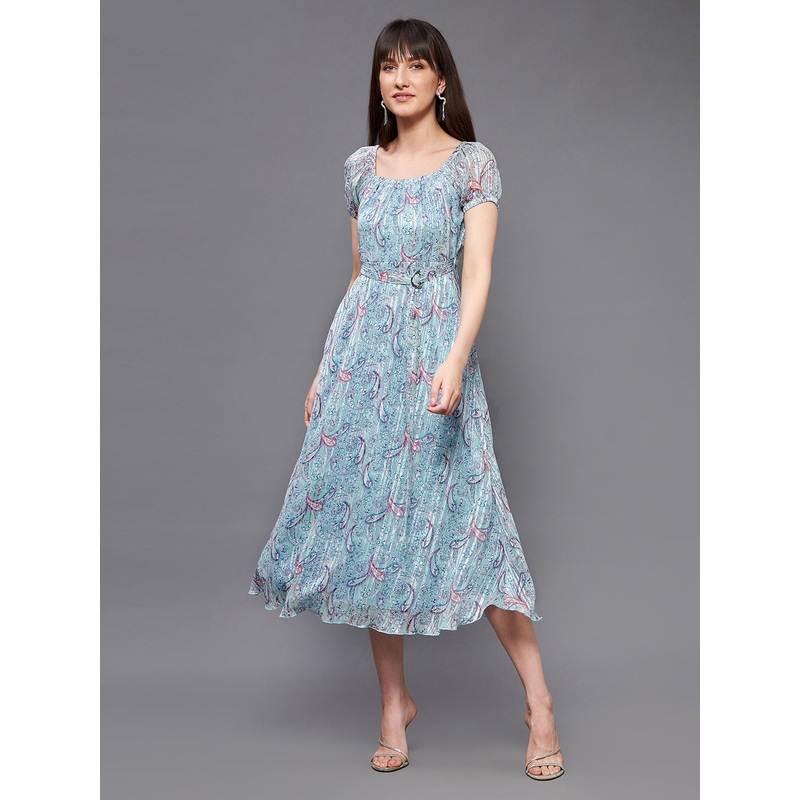 Women’s Multicolored Base-Light Blue Square Neck Short Puff Sleeve Bohemian Fit & Flare Georgette Midi Dress XS Blue