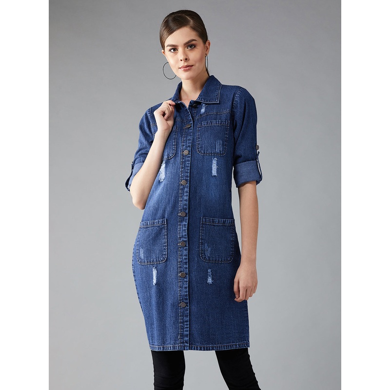 Women’s Navy Blue Solid Polo Neck Full Sleeves Patch Pocket Denim Overcoat Knee-Length Jacket XS Navy Blue