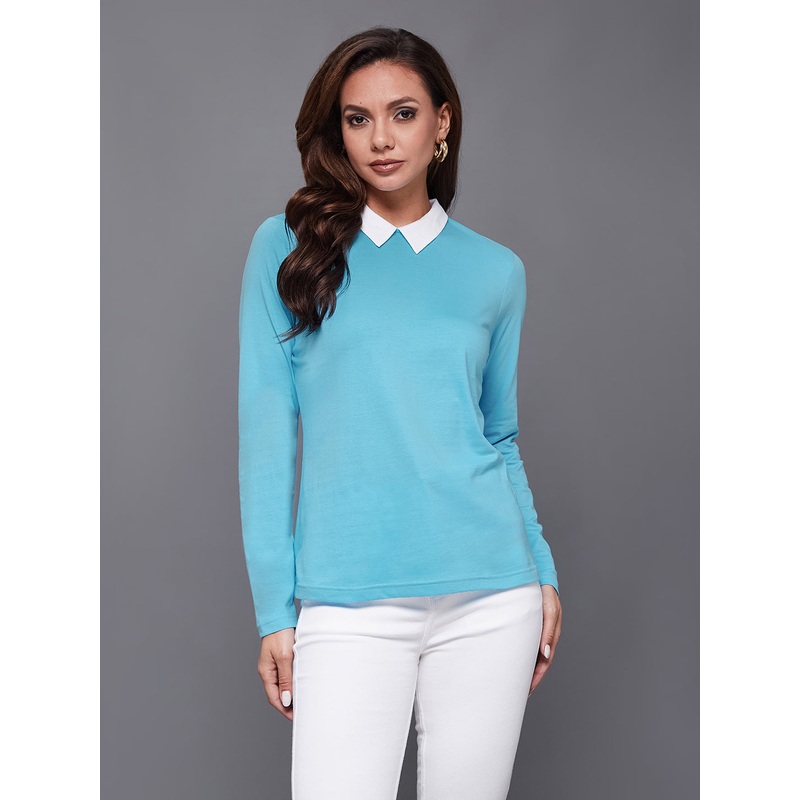 Women’s Sky Blue Shirt Collar Full Sleeve Solid Basic Regular-Length Cotton Top XS Blue