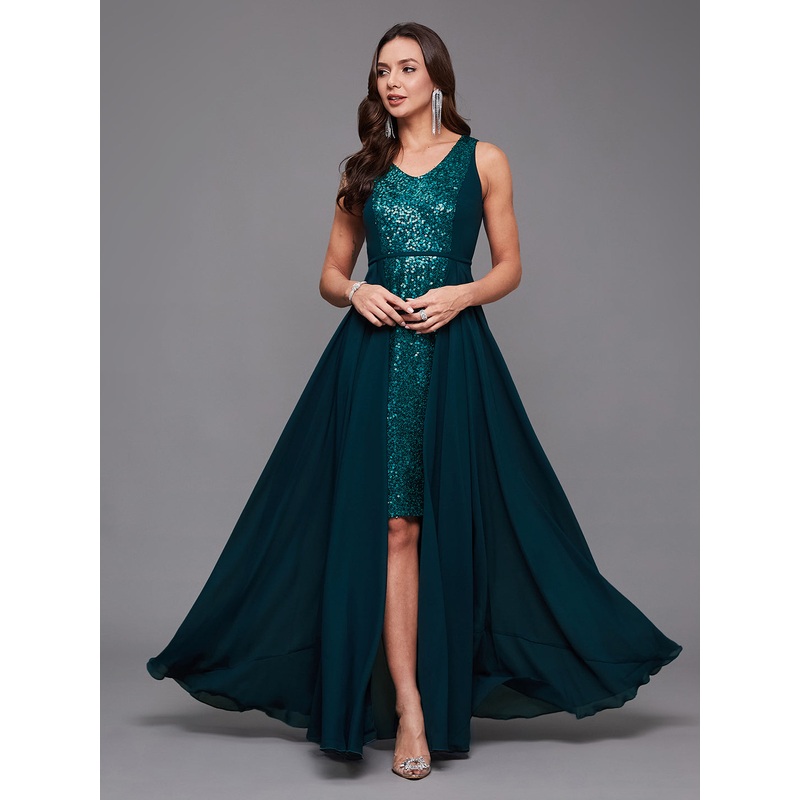 Women’s Teal V-Neck Sleeveless Sequined Layered Georgette Party Maxi Dress XS Teal