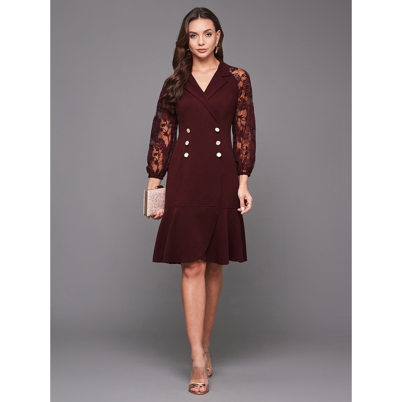 Women’s Wine V-neck Full Sleeves Solid Blazer Knee Length Dress XS Wine