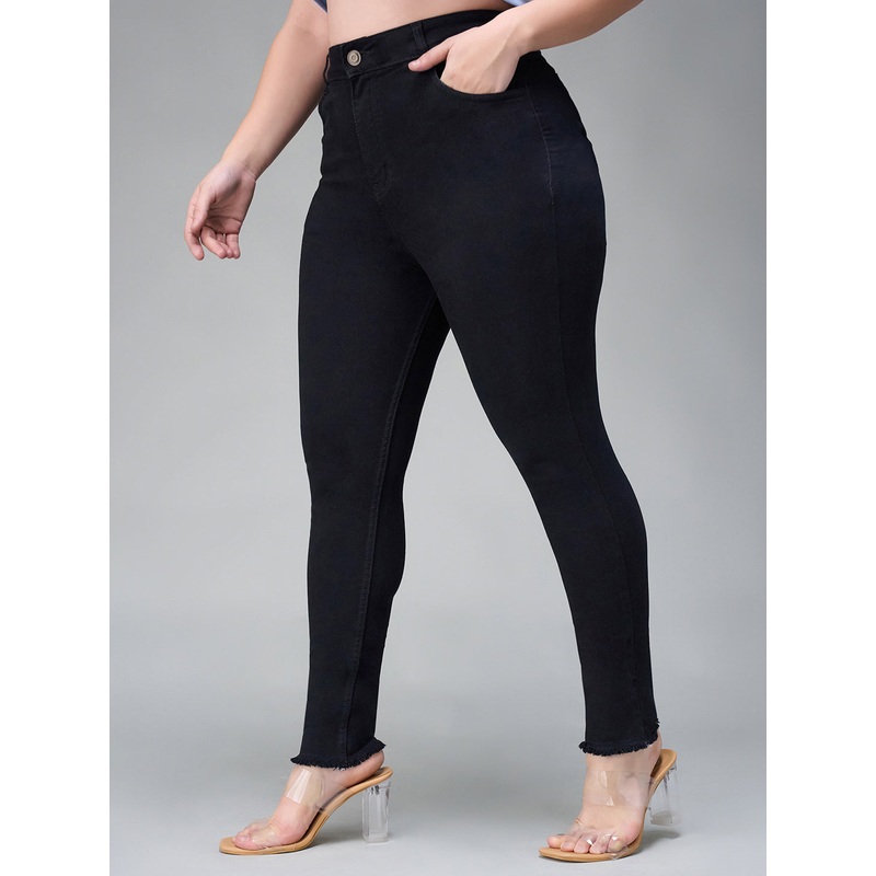 24/7 Comfort Black Skinny Fringed Detailing High-Rise Solid Cropped Stretchable Denim Jeans 26 Black