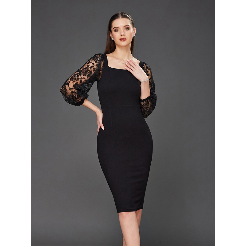 Crease Ease Women’s Black Solid Bodycon Square Neck Full Sleeve Slim Fit Knee-Long Dress XS Black