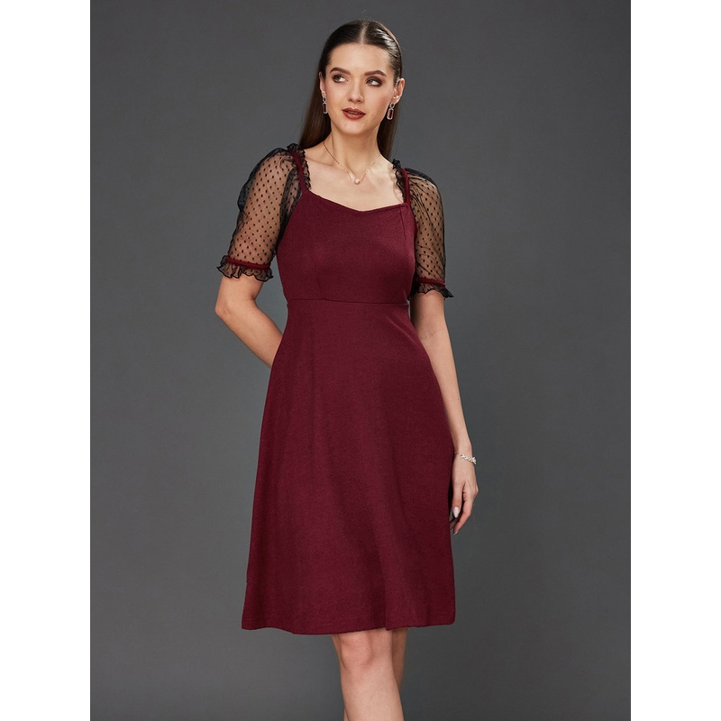 Crease Ease Women’s Maroon & Black Solid V-Neck Half Sleeve Relaxed Fit Knee-Long Dress XS Maroon